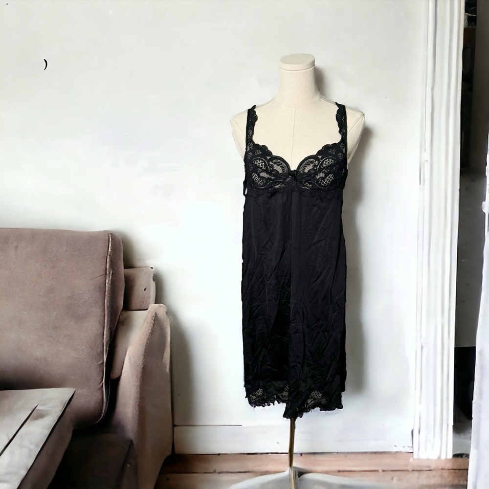Vintage nylon and lace black slip  dress 38/L